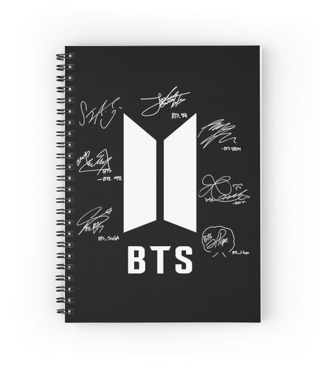 Spiral notebooks with high-quality edge-to-edge print on front. 120 pages in your choice of ruled or graph lines. BTS Merch, and signatures from all yours oppas. Bts School, Bts Bag, Army Accessories, Bts Name, Bts Hoodie, Bts Shirt, Bts Clothing, Fancy Pens, Bts Birthdays