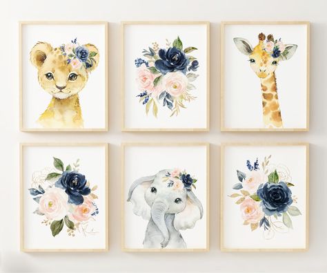 Navy Floral Nursery, Blush Floral Nursery, Blue Nursery Girl, Blush Nursery Decor, Pink Floral Nursery, Floral Nursery Art, Blush Pink Nursery, Blush Nursery, Safari Animal Wall Art