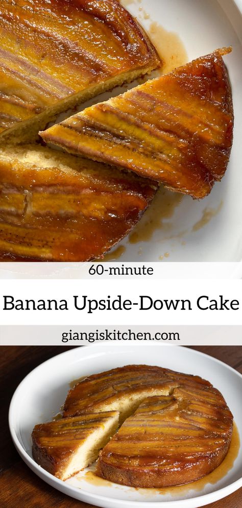 This banana upside-down recipe was created because our bananas were getting mature faster than we could eat them. A few handy ingredients a delicious dessert is served and a smile on everyone’s face. Nothing like a tasty homemade dessert, right? #banana #upsidedowncake #cake Banana Upside Down Cake, Homemade Dessert, Banana Dessert, Upside Down Cake, 140 Pounds, Homemade Desserts, Healthy Nutrition, Stick Of Butter, Nutrition Recipes