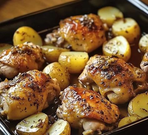 CHEF JAMES MARTIN | Garlic Roasted Chicken and Potatoes | Facebook Garlic Roasted Chicken And Potatoes, Garlic Roasted Chicken, Leg Quarters, Chicken Leg Quarters, Roasted Chicken And Potatoes, Roasted Garlic Chicken, Chicken And Potatoes, Gold Potatoes, Yukon Gold