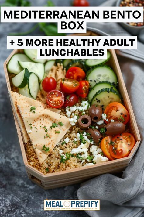 A Mediterranean-inspired bento box loaded with fresh veggies, hummus, and pita for Healthy Adult Lunchables. Healthy Adult Lunchables, Bento Box Easy, Bento Box Lunch For Adults, Meal Prep Lunches, Adult Lunchables, Easy Meal Prep Lunches, Meal Prep Lunch, Prep Lunch, Prepped Lunches