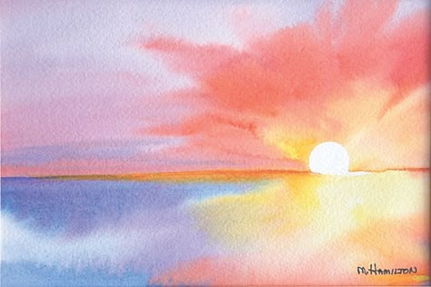 Sunrise Over Water, Sunrise Drawing, Watercolor Painting Easy, Community School, Music Theatre, Sunrise Painting, Small Canvas Paintings, Watercolor Sunset, Diy Watercolor Painting