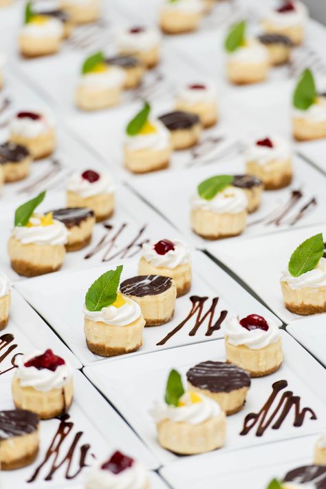 Plated trio of mini NY cheesecakes for plated wedding dessert. Dessert Tasting Plate, Cheesecake Bar Wedding, Cheesecake Plating Ideas, Individual Christmas Desserts, Easy Mini Desserts Recipes, Plating Dessert, Trio Of Desserts, Cheesecake Bar, Mini Dessert Recipes