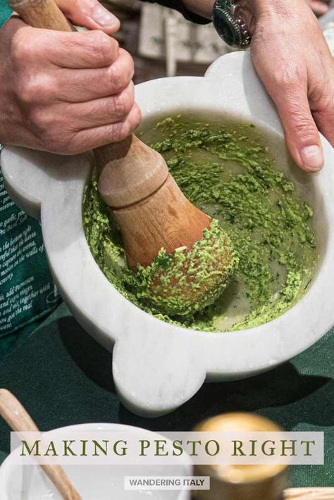 What makes a proper pesto best in Liguria? The type of basil, the garlic, and the olive oil are all factors, and how you make it with a mortar and pestle makes a huge difference, as we find out in Levanto, Italy. Diy Pesto, Making Pesto, Almond Pesto, Kale Pesto, How To Make Pesto, Homemade Pesto, Pesto Recipe, Italian Cooking, Basil Pesto