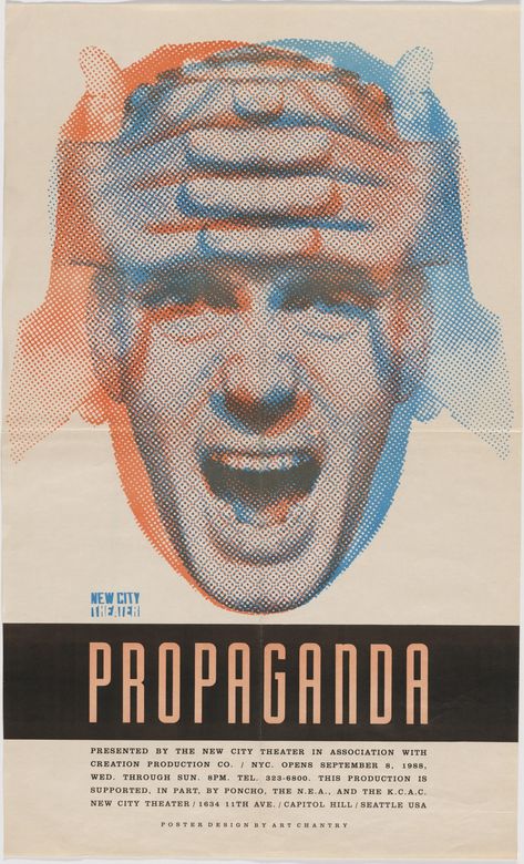 Art Chantry. Poster for the Play "Propaganda". 1988. Offset lithograph. 35 1/8 x  21 3/8"  ( 61.5 x  46 cm). Gift of the designer. 152.1995. Architecture and Design Art Chantry Posters, Play Poster Design, Mystery Poster, Art Chantry, Akemi Takada, Theatre Posters, Powerpoint Ideas, Play Poster, Postmodern Design