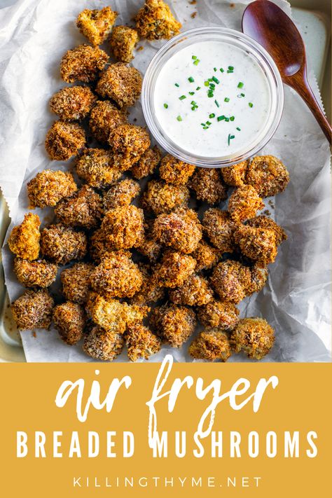 This Air Fryer Mushrooms recipe riffs off of battered deep-fried mushrooms in the best way. Less grease, less mess, but just as much flavor! #airfryer #breadedmushrooms #mushrooms #appetizer #snack Air Fryer Morel Mushrooms, Airfryer Mushrooms, Air Fryer Mushrooms Recipe, Deep Fried Mushrooms, Air Fryer Mushrooms, Breaded Mushrooms, Thyme Recipes, Fried Mushrooms, Drink Inspiration