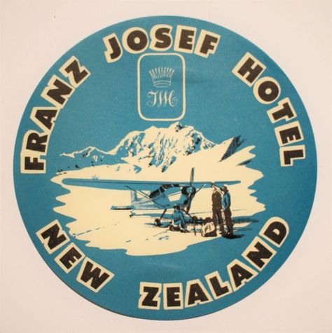 Glacier New Zealand, Alex Hotel, Franz Joseph, Plane Ticket, Luggage Stickers, Oceania Travel, Baggage Tags, Luggage Labels, Vintage Luggage