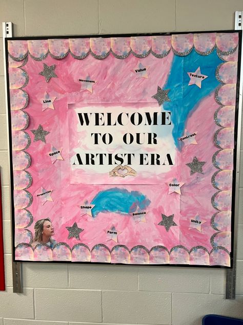 Bulletin Board Ideas Taylor Swift, Taylor Swift Classroom Decor Ideas, Taylor Swift Inspired Classroom, Taylor Swift Bulletin Board Ideas, Taylor Swift Bulletin Board Elementary, Taylor Swift Classroom Decor, Swiftie Classroom, Taylor Swift Bulletin Board, Prek Classroom Setup