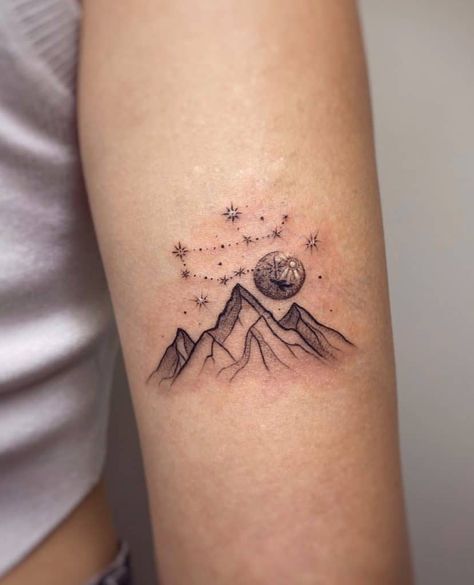 Mountain Moon Tattoo 3 Mountain Moon Tattoo, Orion Tattoo, Moutain Tattoos, Mountain Tattoos, Geometric Mountain Tattoo, A Small Tattoo, Succulent Tattoo, Mountain Tattoo Simple, Earth Symbols