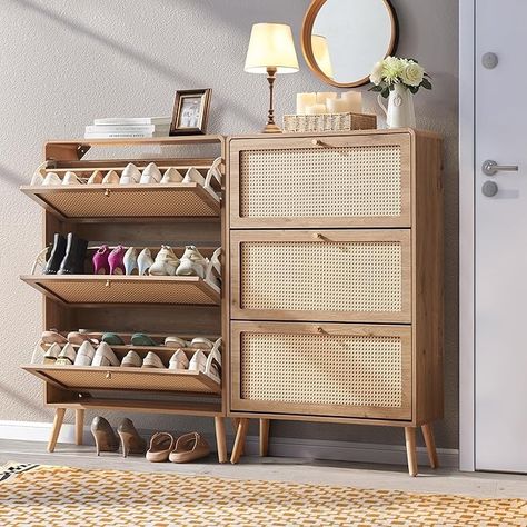 Amazon.com: Anewome Rattan Shoe Cabinet with 2 Flip Drawers, 16 Pairs Shoe Storage Cabinet for Entryway Freestanding Hidden Shoe Rack with Drawer Slim Shoe Organizer for Hallway, Living Room, Natural : Home & Kitchen Shoe Rack With Drawers, Hidden Shoe Rack, Shoe Rack Drawer, Rattan Shoe Cabinet, Living Room Natural, Entryway Shoe Storage, Deck Box Storage, Garage Storage Cabinets, Bathtub Accessories