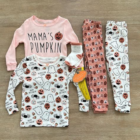 Keep Your Little Girl Cozy And Comfortable This Fall With This Halloween Pajama Set. Set Includes 2 Long Sleeve Shirts, 2 Coordinating Pants And Socks. White, Orange, Pink, Black And Tan With Ghosts, Pumpkins, Spiders And Candy Throughout. Super Soft And Stretchy - 100% Cotton Similar To Angel Dear, Hanna Anderson And Little Sleepies. Check Out My Closet For Additional Kids Items To Bundle And Save! Toddler Girl Halloween, Hanna Anderson, Little Sleepies, Chick Pea, Halloween Pajamas, Girls Sleepwear, Girl Halloween, Kids Items, Girls Pajamas