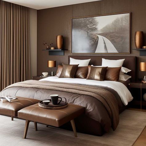 Brown Bedroom Walls, Dark Brown Bedrooms, Brown Bedroom Decor, Brown Headboard, Dark Brown Furniture, Brown Furniture Bedroom, Brown Rooms, Brown Bed, Modern Ideas