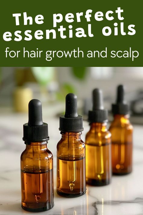 Essential oils for hair growth and scalp. Text reads: The perfect essential oils for hair growth and scalp. Best Essential Oils For Hair, Essential Oils For Hair Growth, Diy Hair Growth Oil, Hair Growth Oil Recipe, Diy Hair Growth, Oils For Hair Growth, Oils For Hair, Natural Hair Growth Oil, Essential Oil Mixes