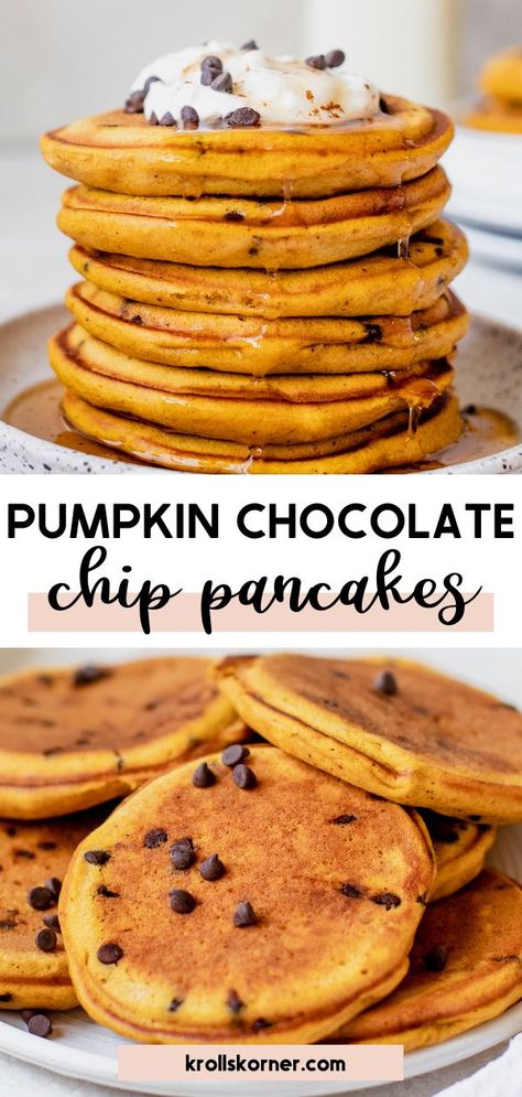 pumpkin pancakes on a white plate Pumpkin Chocolate Pancakes, Pumpkin Chocolate Chip Pancakes Easy, Pumpkin Chocolate Chip Waffles, Fall Pancake Recipes, Thanksgiving Pancakes, Pumpkin Food Ideas, Easy Pumpkin Pancakes, Pumpkin Chocolate Chip Pancakes, Pumpkin Pancakes Recipe