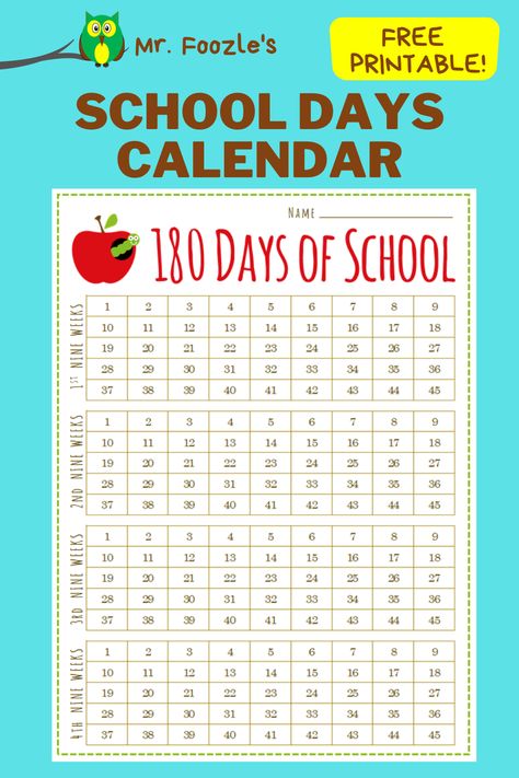 180 Days Of School Chart Free, Days Of School Tracker, Days Of School Chart, Art Homeschool, Year Calendar, Homeschool Printables, Homeschool Planning, School Days, Teacher Store