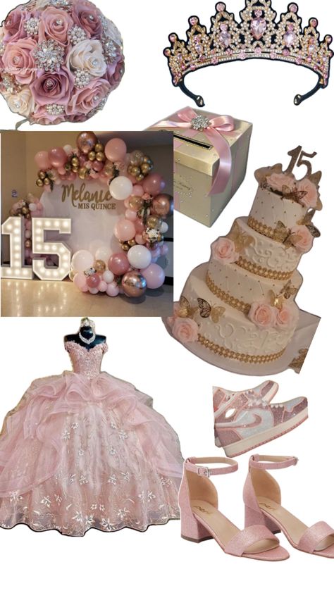 Champagne Quinceanera Theme, Quinceanera Ideas Pink, Pink Quince Theme, Light Pink Quinceanera Dresses, White Quince Dresses, Rose Gold Quinceanera, Quinceanera Accessories, Sweet 15 Party Ideas Quinceanera, Quince Themes