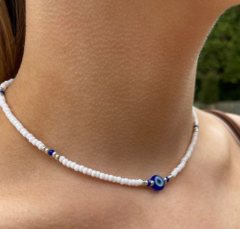 White Evil Eye Necklace, Evil Eye Bead Necklace, Diy Evil Eye Necklace, Evil Eye Seed Bead Necklace, Evil Eye Necklace Beaded, Eyes Necklace, Evil Eye Choker, White Choker, Surf Jewelry