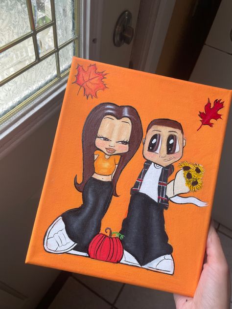 Fall Couple Painting, Chicano Drawings Couples, Couple Painting Ideas Cartoon, Art Drawings Cute, Couples Canvas Painting, Elgin Illinois, Anniversary Canvas, Chicano Love, Kids Canvas Art