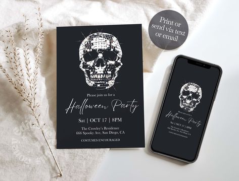 Disco Skull, Minimalist Halloween Costume, Disco Halloween Costume, Halloween Costume Party Invite, Costume Party Invite, Disco Halloween, Adult Halloween Party Invitations, Halloween Costume Party Invitations, Halloween Costume Party