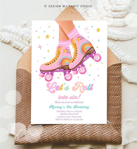 Editable Roller Skate Birthday Party Invitation Let's Roll Skating Kids Rainbow Rollerblade Pink Invite Download Template Corjl Digital 0514 Roller Skating Birthday Invitations, Roller Skate Birthday Party, Pink Invite, Skate Birthday Party, Roller Skate Birthday, Skate Birthday, Kids Rainbow, Skate Party, Roller Skate