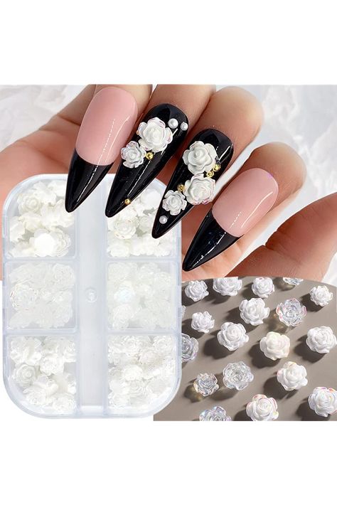 90Pcs 3D Flowers Nail Charms White Rose Nail Flower Resin Flatback Nail Rhinestones Iridescent Nail Gems Nail Decorations Nail Art Flowers Manicures Jewelry Nail Salon Accessories for Women (White) Sky Heart, Blue Starry Sky, Nail Flower, 3d Nail Art Designs, Luminous Nails, Korean Nail Art, Nail Rhinestones, Pink Gel Nails, Lovely Nails