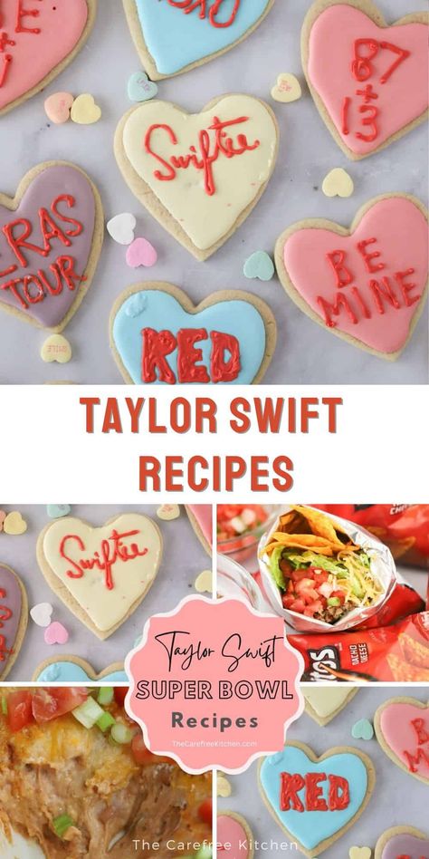 Whether you're planning a Taylor Swift themed birthday party, a bachelorette party, or a watch party of our Queen, here's a superstar list of Taylor Swift party food to use at your next Swiftie event. #thecarefreekitchen #taylorswift #swifties #partyfood #superbowl #taylorswiftparty Taylor Swift Themed Mocktails, Taylor Swift Dinner Ideas, Eras Themed Party Food, Taylor Swift Themed Desserts, Taylor Swift Watch Party Ideas, Taylor Swift Eras Party Food Ideas, Taylor Swift Themed Food Ideas, Eras Party Food, Taylor Swift Menu Ideas