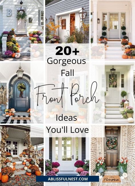 A curated collection of the most beautiful fall front porches to help inspire your own fall decorating. #ABlissfulNest #falldecor #fallporch Front Walkways, Container Arrangements, Cabin Porches, Fall Decor Home, Outdoor Urns, Fall Front Porch Ideas, Fall Containers, Outdoor Entryway, Front Walkway