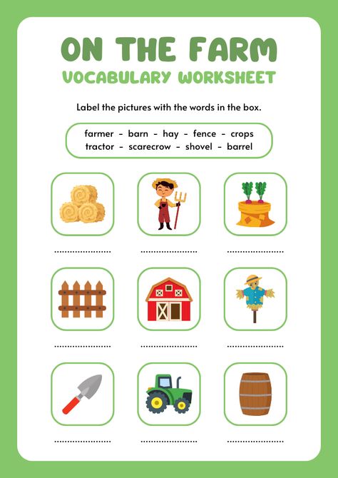 On the Farm English Vocabulary Worksheet Farmer Worksheet, Verb Activities For First Grade, Farm Worksheets, Farm Worksheet, Verb Activities, Farm Vocabulary, Basic English Grammar Book, Verbs Activities, Worksheets For Class 1