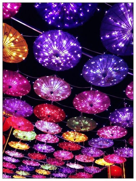 Hanging Umbrellas, Umbrella Decor, Umbrella With Lights, Umbrella Decorations, Outdoor Restaurant Design, Lights Wedding Decor, Wedding Entrance Decor, Colorful Umbrellas, Umbrella Lights