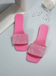 Women Flat Sandals, Pink Slides, Pretty Sandals, Rhinestone Decor, Womens Sandals Flat, Flat Sandals, Slide Sandals, Womens Sandals, Sandals