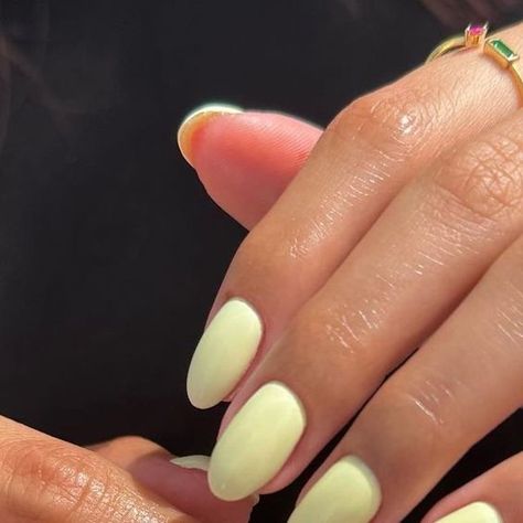 Light Yellow Pedicure, Short Pastel Yellow Nails, Light Yellow Short Nails, Baby Yellow Nails Acrylic, Pale Yellow Almond Nails, Oval Nails Yellow, Pastel Yellow Almond Nails, Milky Yellow Nails, Yellow Oval Nails