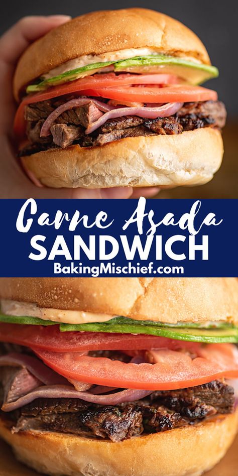 AMAZING Carne Asada Sandwich Recipe: carne asada piled over toasty bread with a smokey chipotle aioli, charred red onions, tomatoes, and sliced avocados. Carne Asada Slow Cooker, Baking Mischief, Homemade Grilled Cheese, Garlic Parmesan Fries, Boneless Chicken Wings, Carne Asada Recipes, Parmesan Fries, Bbq Chicken Sandwich, Slow Cooker Bbq Chicken