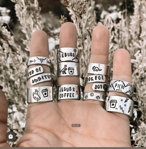 Metal Stamp Rings, Stamped Jewelry Ideas, Stamp Rings, Metal Stamping Jewelry, Stamped Metal Jewelry, Impress Art, Western Fashion Jewelry, Southern Jewelry, Stamp Jewelry