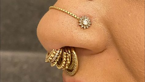 Septum Stack, Stacked Septum, Pretty Ear Piercings, Face Jewellery, Facial Piercings, Septum Piercing, Funky Jewelry, Jewelry Outfit, Body Jewellery