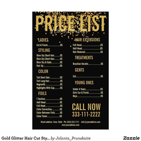 Gold Glitter Hair Cut Stylist Black Price List Flyer - Menus & Price Lists. Marketing Background Design, Catchy Beauty Salon Names, Price List Ideas, Pink Beauty Salon, Business Outline, Instagram Branding Ideas, Template Price List, Beauty Salon Price List, Skincare Studio