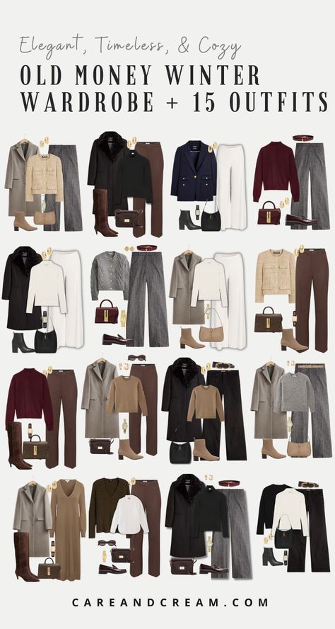 Winter Outfits England, Classy Old Money Outfits Winter, Old Money Outfits For Winter, Capsule Wardrobe Old Money Style, Old Money Winter Outfit Aesthetic, Old Money Winter Capsule Wardrobe, Old Money Rainy Day Outfit, Elegant Wardrobe Essentials, Cool Winter Capsule Wardrobe