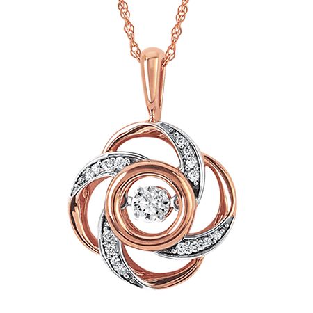 Shimmering Diamonds® Rose Pendant In 14K Gold With 1/6 Ctw. Diamonds Dancing Diamond Pendant, Dancing Pendant, Diamond Drop Pendant, Dancing Diamond, Diamond Pendant Sets, Diamond Necklace Designs, Gold Pendant Jewelry, Mens Gold Jewelry, Gold Rings Jewelry