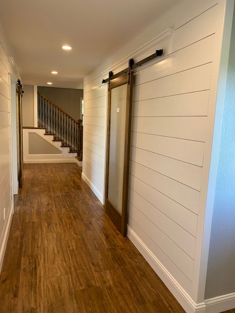 Shiplap Chair Rail Hallway, Hallway Shiplap Halfway, Shiplap In Hallway, Shiplap Corner Trim, Shiplap Hallway, Upstairs Decor, Doors Hallway, Hallway Remodel, Hallway Renovation