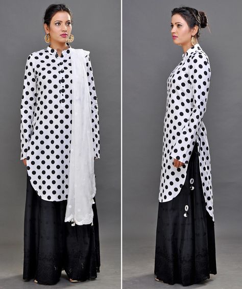 Dabiri. Polka dot black and white kurta set with embroidered pallazos and white dupatta Dotted Kurti Designs Latest, Polka Dot Kurti Design Pakistani, Polka Dots Kurti Indian, Polka Dot Kurti Design, Polka Dots Kurti, Kameez Designs Pakistani, Shalwar Designs, White Kurta Set, Pakistani Kurti Designs