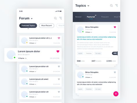 This is a forum & topic ios app with a clean UI and ready for download. Cheers to Brice Séraphin for sharing this freebie. Social App Design, Ui Framework, App Inspiration, Ui Design Dashboard, Card Ui, App Concept, Mobile App Design Inspiration, Gui Design, Forums Design