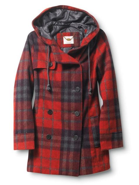 Red Hooded Coat, Red Plaid Coat, Tartan Fashion, Red Pea Coat, Plaid Wool Coat, Plaid Peacoat, Trendy Coat, Surf Outfit, Plaid Coat