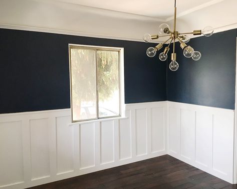 Paneling in the dining room Benjamin Moore Newburyport Blue, Newburyport Blue, Basement Colors, Emily Henderson Design, Navy Walls, Board And Batten Wall, Dining Room Blue, Dining Room Colors, Vintage Dining Room