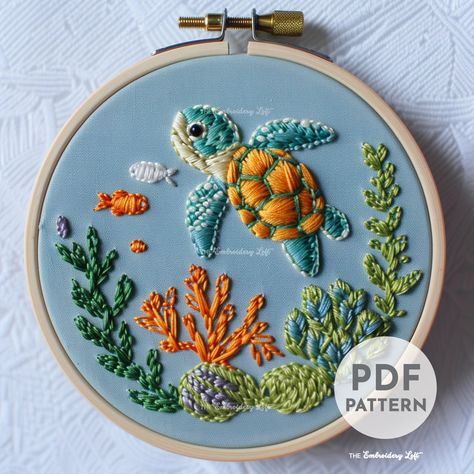 Baby Sea Turtle Hand Embroidery Pattern, Turtle Pattern, Ocean Pattern, Hand Embroidery, Hand Embroidery PDF, Ocean Wildlife Embroidery, DIY - Etsy Freeform Embroidery Inspiration, Tortoise Embroidery, Sea Turtle Embroidery, Turtle Embroidery, Sea Embroidery, Ocean Magic, Animal Embroidery Patterns, Ocean Pattern, Modern Hand Embroidery Patterns