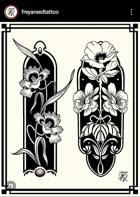 Moonflower Tattoo Design, Art Deco Floral Tattoo, Art Nouveau Shapes, Art Nouveau Flower Tattoo, Art Nuevo Tattoo, Framed Flower Tattoo, Black Out Tattoo Designs, Floral Frame Tattoo, Woodcut Tattoo Design