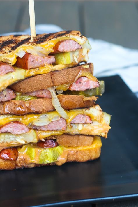 grilled cheese with andouille Andouille Sausage Sandwich, Sandwiches Board, Elote Dip Recipe, Fall Sandwiches, Sausage Sandwich, Sandwiches Recipes, Sour Pickles, Sausage Sandwiches, Gluten Free Waffles