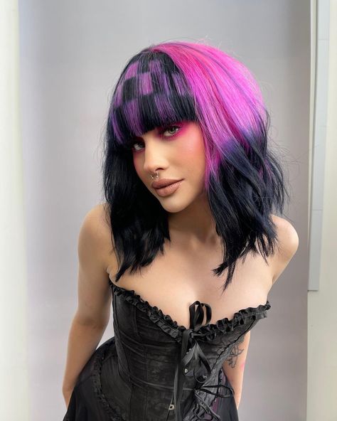 ruby <3 on Instagram: “xx” Crazy Hair Colour, Checkerboard Hair, Pink And Orange Hair, Neon Green Hair, Pink Checkerboard, Halloween Club, Hair Colour Ideas, Hair Color Orange, Mane Addicts