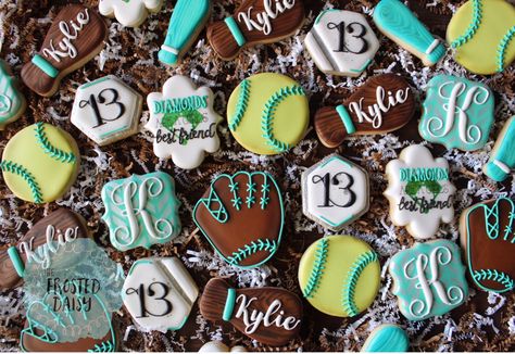 Softball Birthday Cookies, Softball Decorated Cookies, Softball Cookies Decorated, Softball Desserts, Softball Sugar Cookies, Softball Cookies, Softball Birthday, Softball Christmas, Sports Cookies