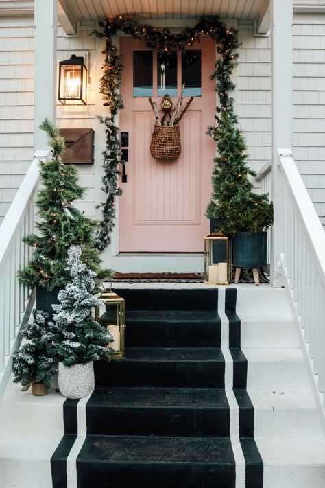 Christmas Decor on the Exterior of our Home - Nesting With Grace Winter Hanging Baskets, Christmas Exterior, Winter Porch Decorations, Winter Porch Decor, Winter Front Porch, Affordable Christmas Decorations, Winter Door Decorations, Pre Lit Wreath, Front Door Christmas Decorations