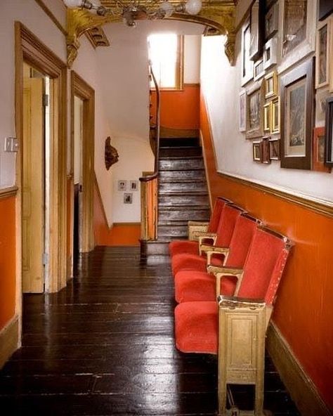 Hallway Dark, Orange Hallway, Cinema Seating, Cinema Chairs, Eclectic Homes, Theater Chairs, Cinema Seats, Corridor Rug, Orange Rug