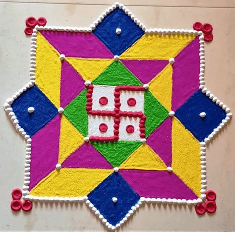 Swastik Rangoli Designs, Artistic Rangoli, Swastik Rangoli, Simple Flower Rangoli, Poster Rangoli, Baby Shower Gifts For Guests, Rangoli Designs Photos, Rangoli Designs Simple Diwali, Festival Rangoli